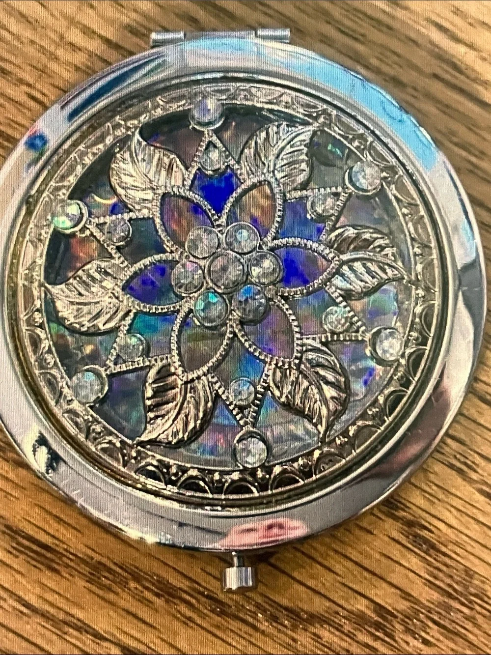 Silver Floral Compact Vanity Mirror with Iridescent Blue Inlay